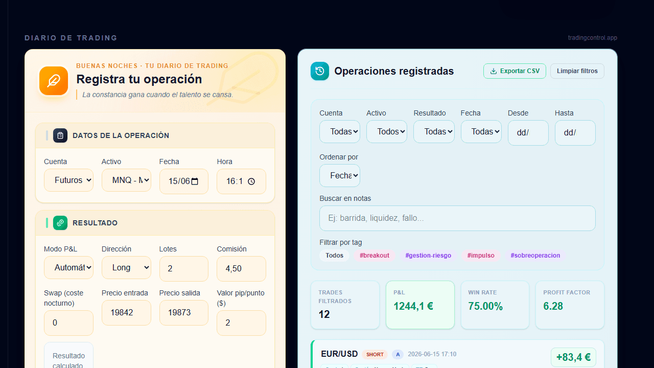 Captura de un diario de trading con formulario de operacion y ultimos trades registrados